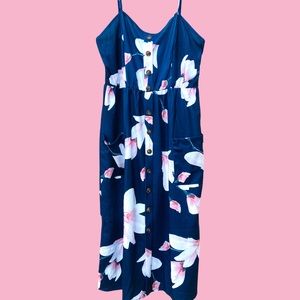 Boho Casual Long Maxi Beach Dress Sundress navy blue and floral with POCKETS